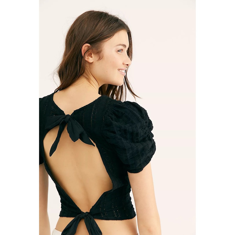 Free People Star Struck Tee Black Eyelet Puff Sleeve Open Back Tie Top XS